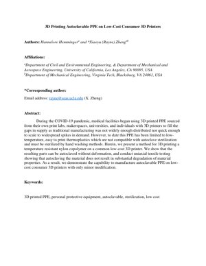 PDF Document Cover - 3D Printing Autoclavable PPE on Low-Cost Consumer 3D Printers
