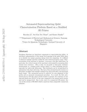 Couverture du document PDF - Plateforme automatisée de caractérisation de qubits supraconducteurs basée sur une imprimante 3D modifiée